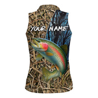 Rainbow Trout Fishing Women Sleeveless Polo Shirt with Camouflage Reeds and Forest Background in Nature-Inspired Colors - Wonder Print Shop