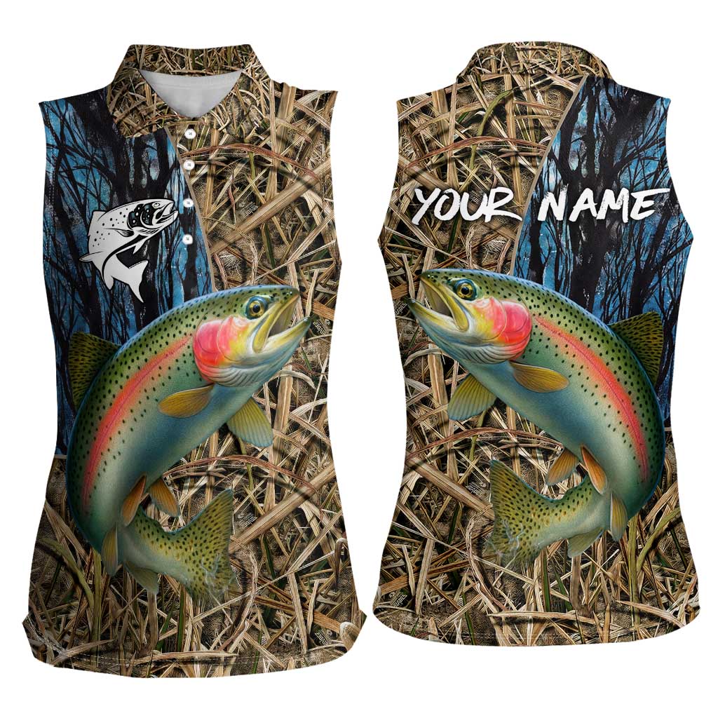 Rainbow Trout Fishing Women Sleeveless Polo Shirt with Camouflage Reeds and Forest Background in Nature-Inspired Colors - Wonder Print Shop