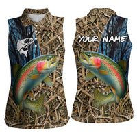 Rainbow Trout Fishing Women Sleeveless Polo Shirt with Camouflage Reeds and Forest Background in Nature-Inspired Colors - Wonder Print Shop