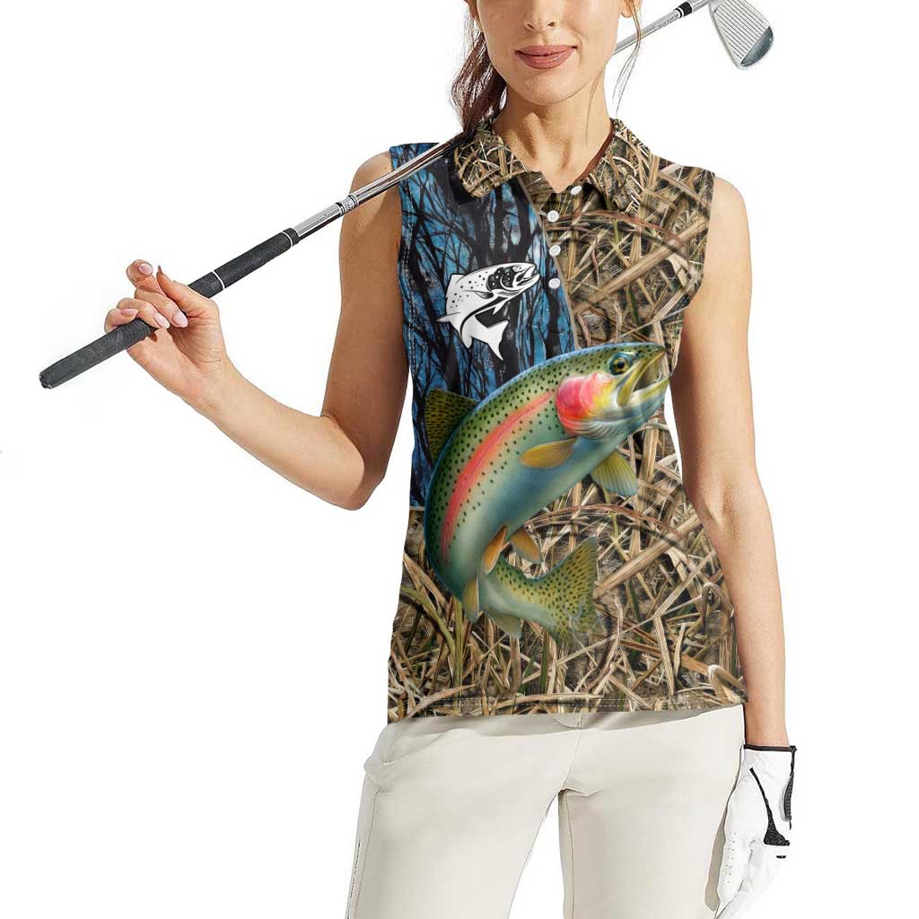 Rainbow Trout Fishing Women Sleeveless Polo Shirt with Camouflage Reeds and Forest Background in Nature-Inspired Colors - Wonder Print Shop