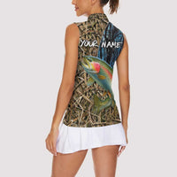 Rainbow Trout Fishing Women Sleeveless Polo Shirt with Camouflage Reeds and Forest Background in Nature-Inspired Colors - Wonder Print Shop