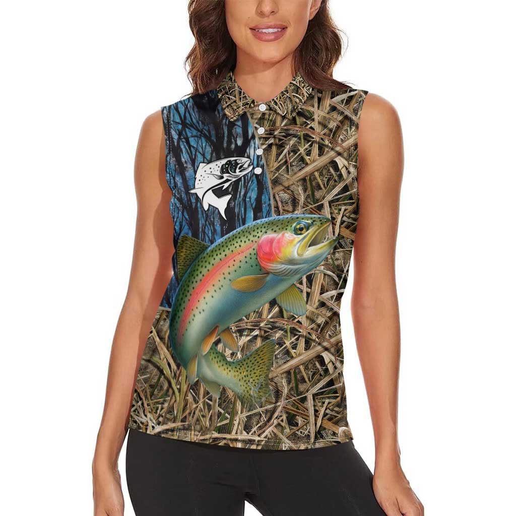 Rainbow Trout Fishing Women Sleeveless Polo Shirt with Camouflage Reeds and Forest Background in Nature-Inspired Colors - Wonder Print Shop