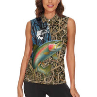 Rainbow Trout Fishing Women Sleeveless Polo Shirt with Camouflage Reeds and Forest Background in Nature-Inspired Colors - Wonder Print Shop
