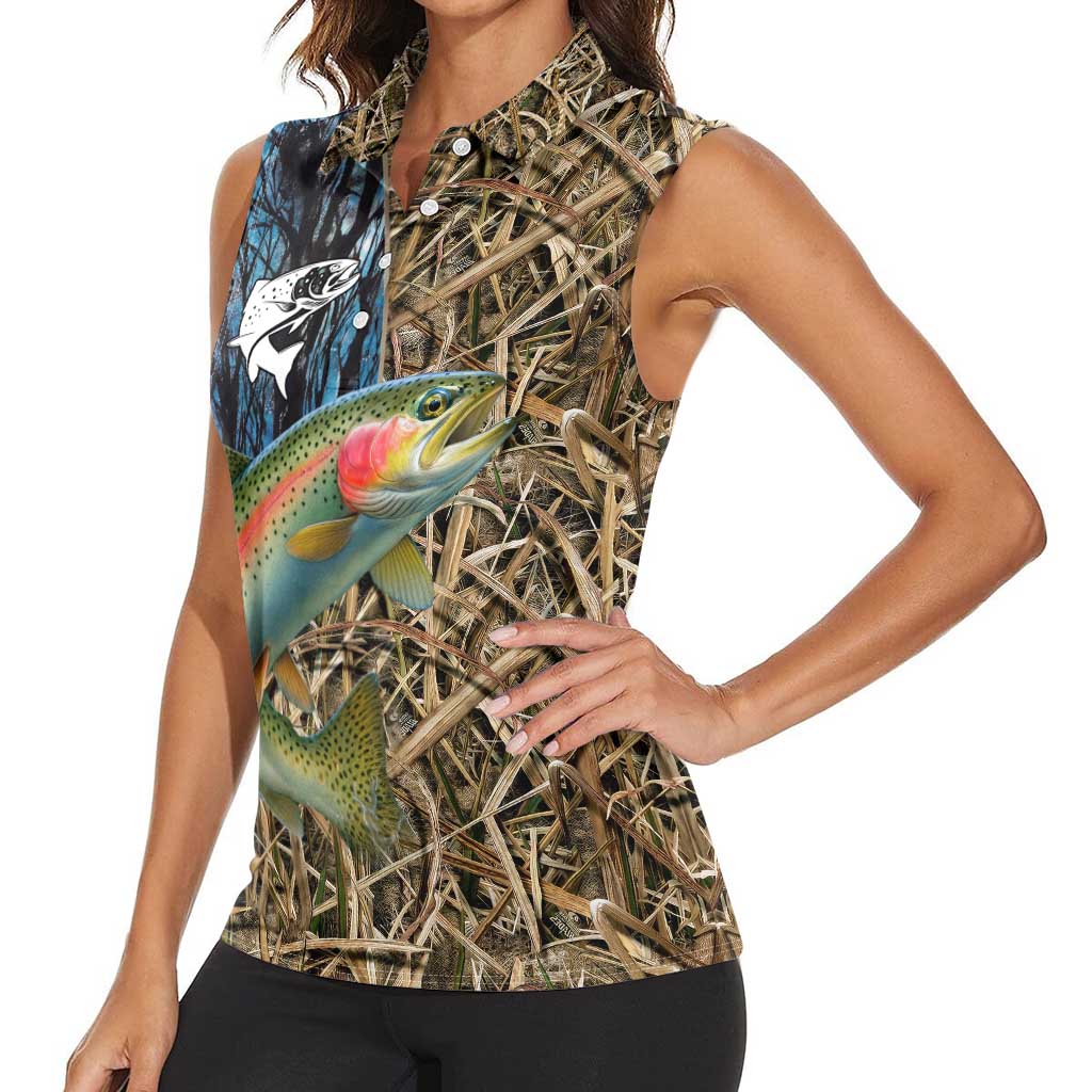 Rainbow Trout Fishing Women Sleeveless Polo Shirt with Camouflage Reeds and Forest Background in Nature-Inspired Colors - Wonder Print Shop