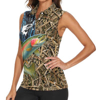 Rainbow Trout Fishing Women Sleeveless Polo Shirt with Camouflage Reeds and Forest Background in Nature-Inspired Colors - Wonder Print Shop