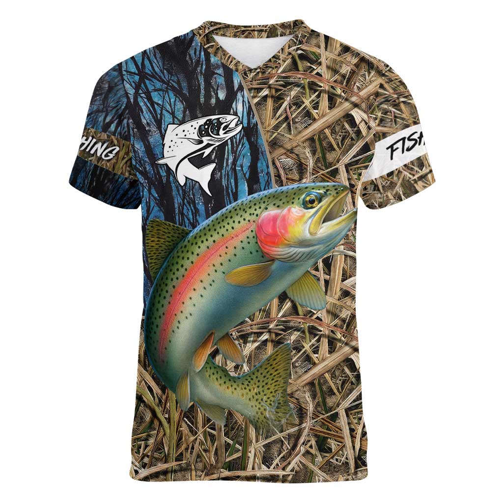 Rainbow Trout Fishing Women V-Neck T-Shirt with Camouflage Reeds and Forest Background in Nature-Inspired Colors - Wonder Print Shop
