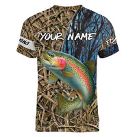 Rainbow Trout Fishing Women V-Neck T-Shirt with Camouflage Reeds and Forest Background in Nature-Inspired Colors - Wonder Print Shop