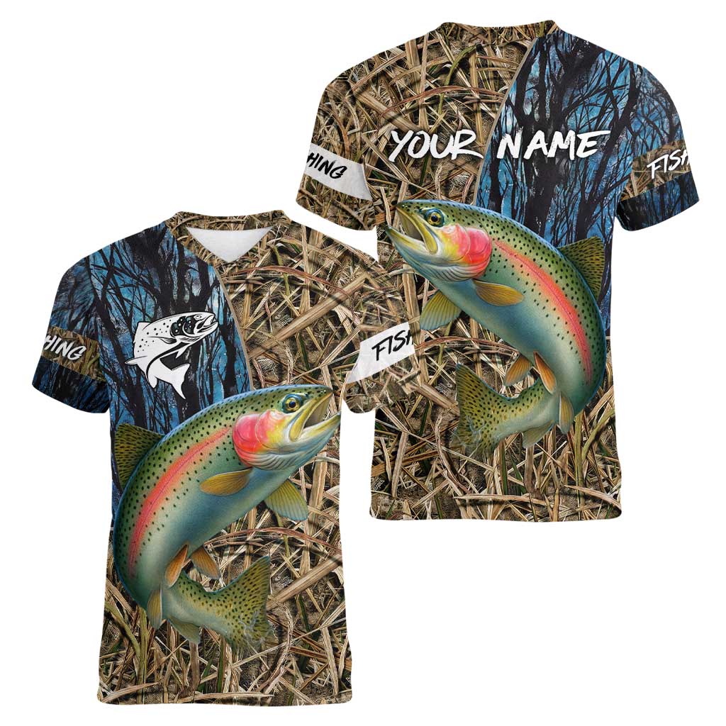 Rainbow Trout Fishing Women V-Neck T-Shirt with Camouflage Reeds and Forest Background in Nature-Inspired Colors - Wonder Print Shop
