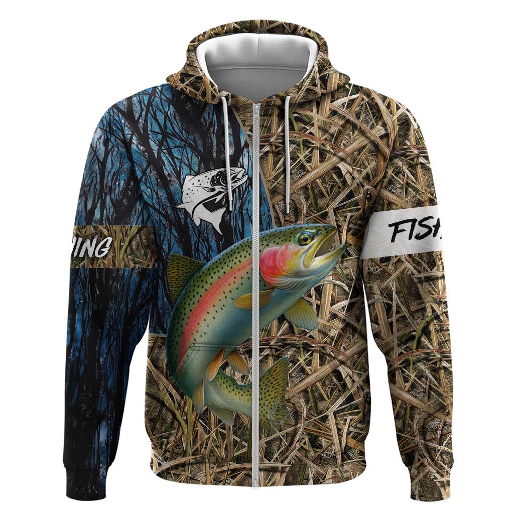 Rainbow Trout Fishing Zip Hoodie with Camouflage Reeds and Forest Background in Nature-Inspired Colors - Wonder Print Shop