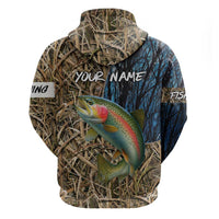 Rainbow Trout Fishing Zip Hoodie with Camouflage Reeds and Forest Background in Nature-Inspired Colors - Wonder Print Shop