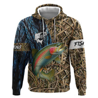 Rainbow Trout Fishing Zip Hoodie with Camouflage Reeds and Forest Background in Nature-Inspired Colors - Wonder Print Shop