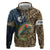 Rainbow Trout Fishing Zip Hoodie with Camouflage Reeds and Forest Background in Nature-Inspired Colors - Wonder Print Shop
