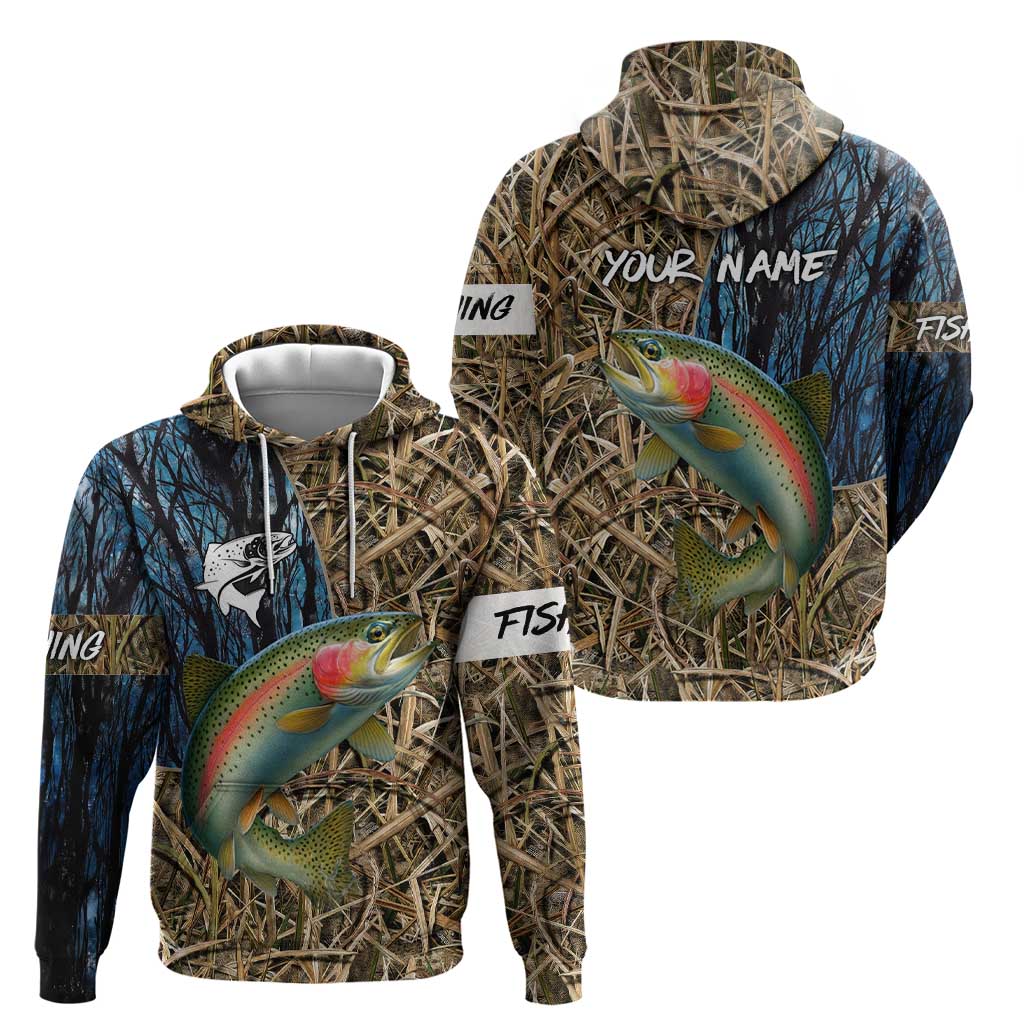 Rainbow Trout Fishing Zip Hoodie with Camouflage Reeds and Forest Background in Nature-Inspired Colors - Wonder Print Shop