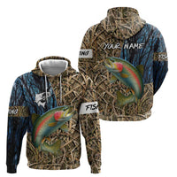 Rainbow Trout Fishing Zip Hoodie with Camouflage Reeds and Forest Background in Nature-Inspired Colors - Wonder Print Shop