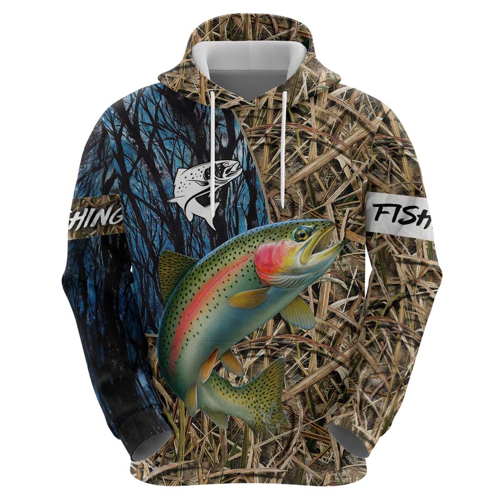 Rainbow Trout Fishing Zip Hoodie with Camouflage Reeds and Forest Background in Nature-Inspired Colors - Wonder Print Shop