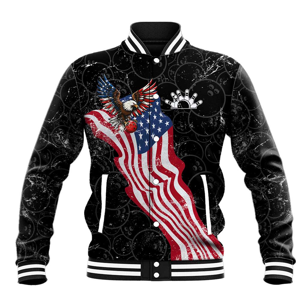 American Eagle Bowling Baseball Jacket with Distressed Flag and Grunge Pattern in Red White and Blue - Wonder Print Shop