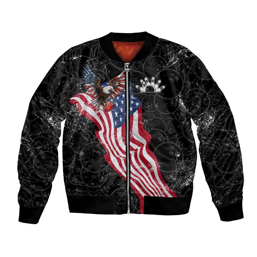 American Eagle Bowling Bomber Jacket with Distressed Flag and Grunge Pattern in Red White and Blue - Wonder Print Shop
