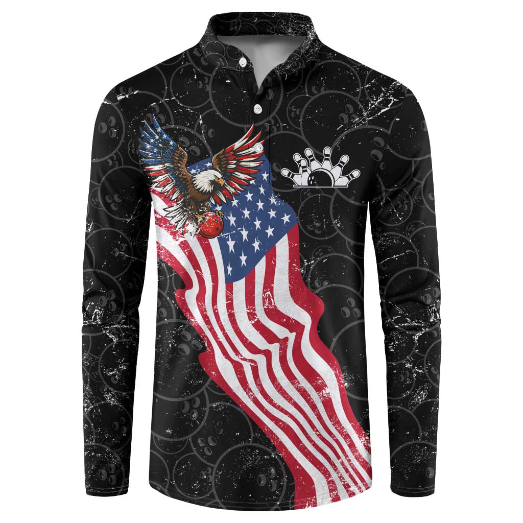 American Eagle Bowling Button Sweatshirt with Distressed Flag and Grunge Pattern in Red White and Blue - Wonder Print Shop