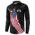 American Eagle Bowling Button Sweatshirt with Distressed Flag and Grunge Pattern in Red White and Blue - Wonder Print Shop