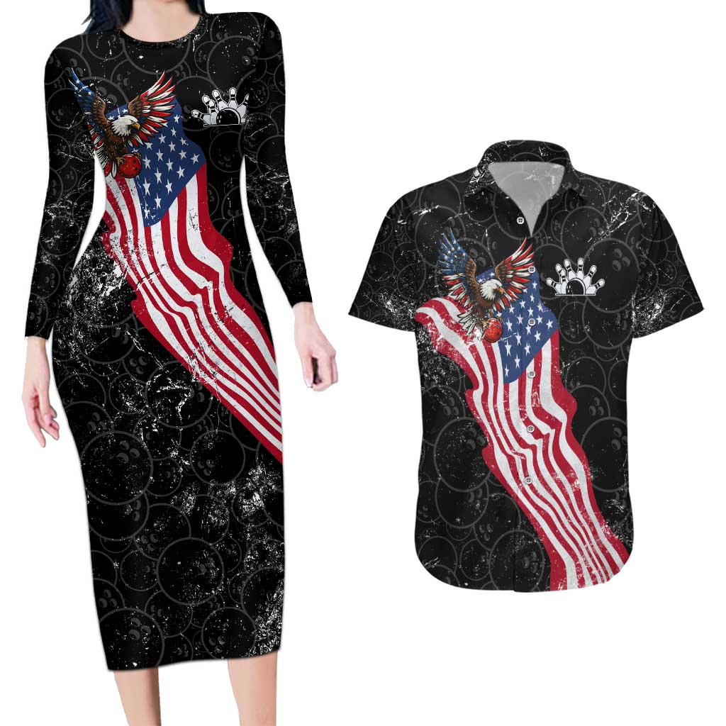 American Eagle Bowling Couples Matching Long Sleeve Bodycon Dress and Hawaiian Shirt with Distressed Flag and Grunge Pattern in Red White and Blue - Wonder Print Shop