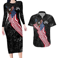 American Eagle Bowling Couples Matching Long Sleeve Bodycon Dress and Hawaiian Shirt with Distressed Flag and Grunge Pattern in Red White and Blue - Wonder Print Shop