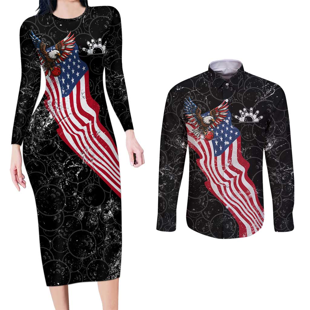 American Eagle Bowling Couples Matching Long Sleeve Bodycon Dress and Long Sleeve Button Shirt with Distressed Flag and Grunge Pattern in Red White and Blue - Wonder Print Shop