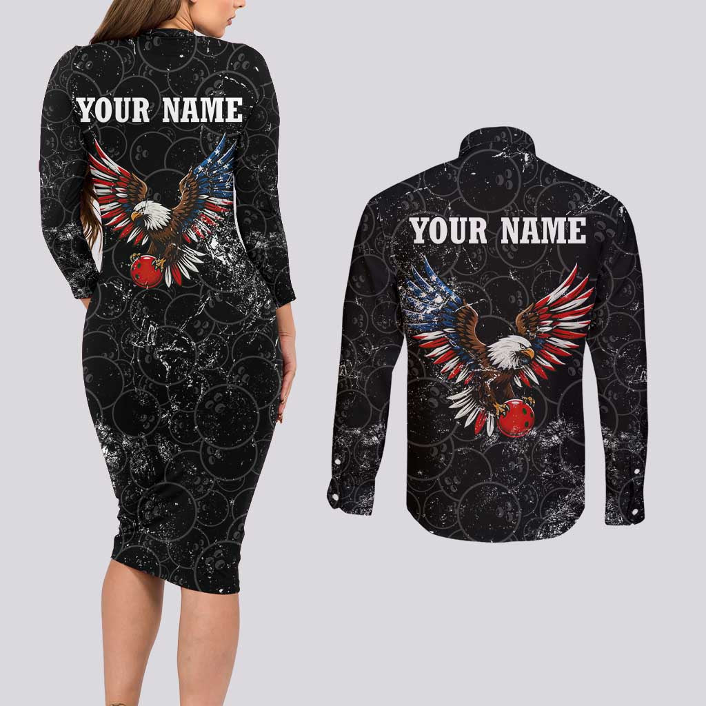 American Eagle Bowling Couples Matching Long Sleeve Bodycon Dress and Long Sleeve Button Shirt with Distressed Flag and Grunge Pattern in Red White and Blue - Wonder Print Shop