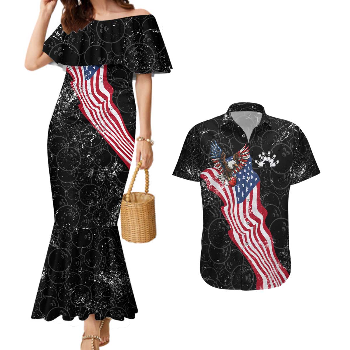 American Eagle Bowling Couples Matching Mermaid Dress and Hawaiian Shirt with Distressed Flag and Grunge Pattern in Red White and Blue - Wonder Print Shop