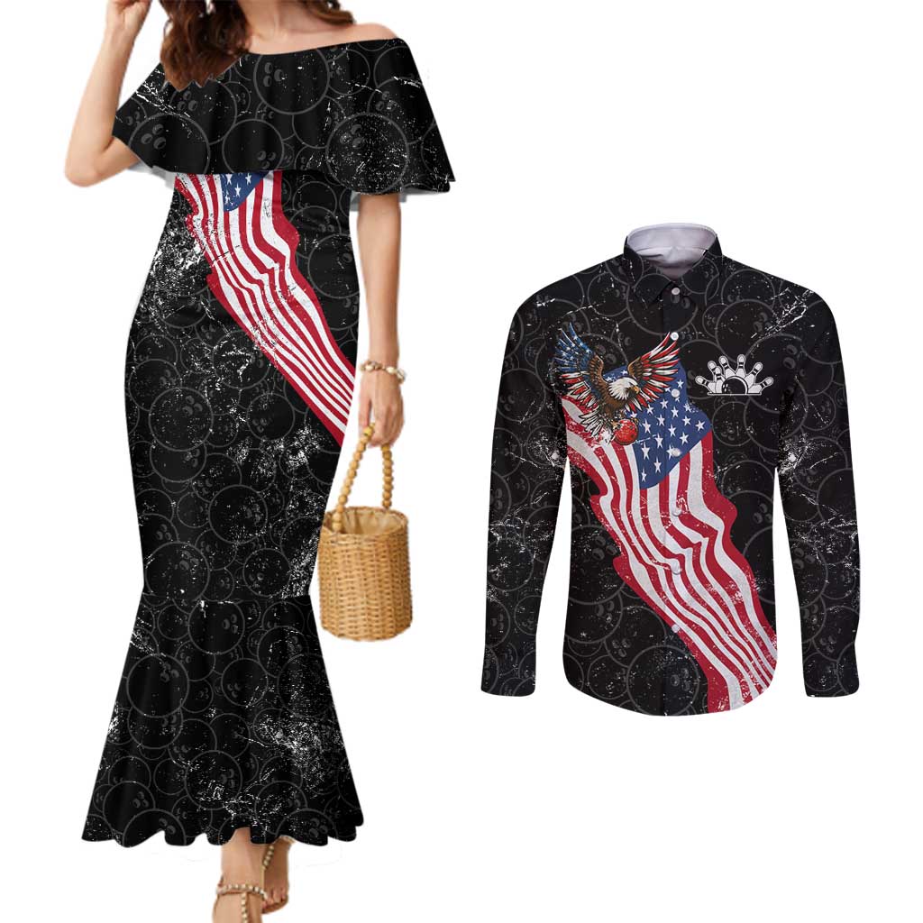 American Eagle Bowling Couples Matching Mermaid Dress and Long Sleeve Button Shirt with Distressed Flag and Grunge Pattern in Red White and Blue - Wonder Print Shop