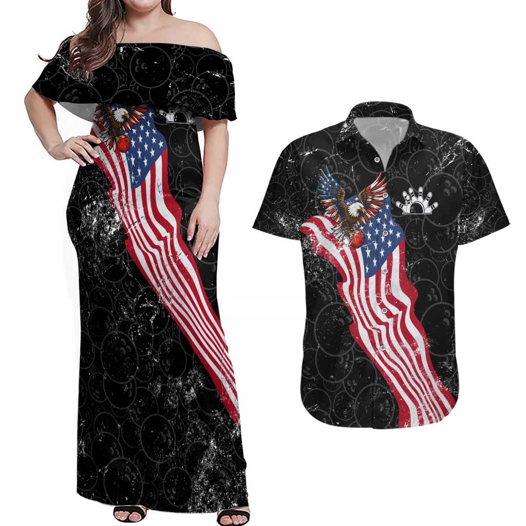 American Eagle Bowling Couples Matching Off Shoulder Maxi Dress and Hawaiian Shirt with Distressed Flag and Grunge Pattern in Red White and Blue - Wonder Print Shop