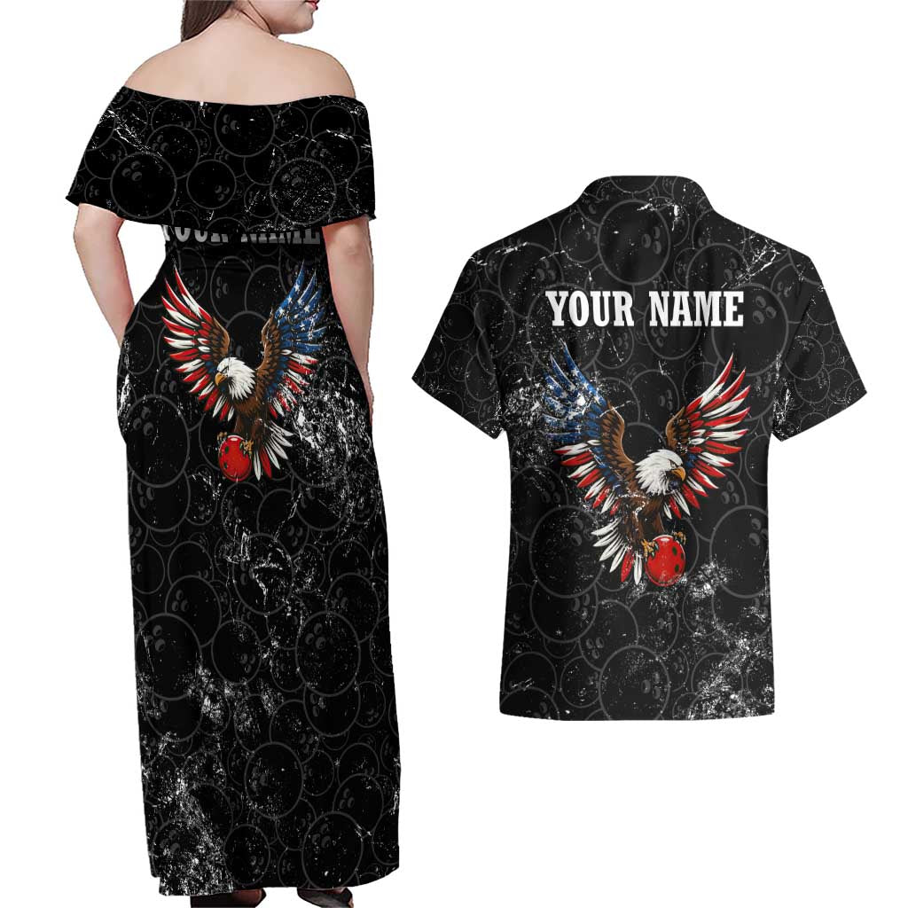 American Eagle Bowling Couples Matching Off Shoulder Maxi Dress and Hawaiian Shirt with Distressed Flag and Grunge Pattern in Red White and Blue - Wonder Print Shop
