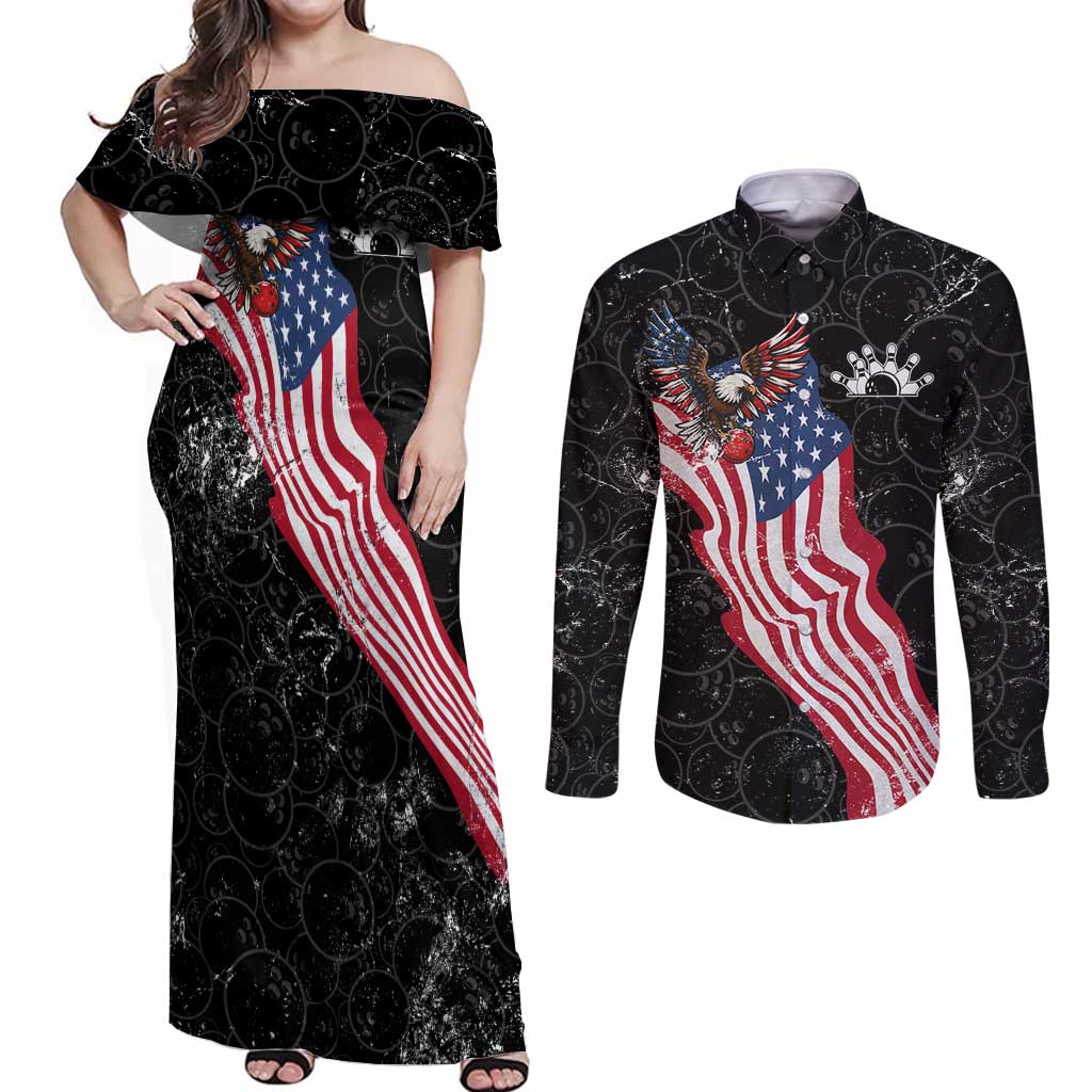 American Eagle Bowling Couples Matching Off Shoulder Maxi Dress and Long Sleeve Button Shirt with Distressed Flag and Grunge Pattern in Red White and Blue - Wonder Print Shop