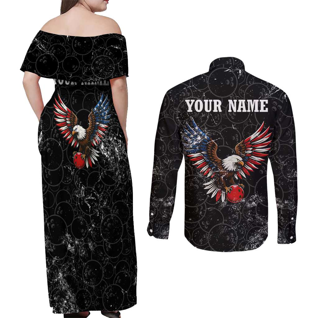 American Eagle Bowling Couples Matching Off Shoulder Maxi Dress and Long Sleeve Button Shirt with Distressed Flag and Grunge Pattern in Red White and Blue - Wonder Print Shop