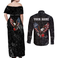 American Eagle Bowling Couples Matching Off Shoulder Maxi Dress and Long Sleeve Button Shirt with Distressed Flag and Grunge Pattern in Red White and Blue - Wonder Print Shop