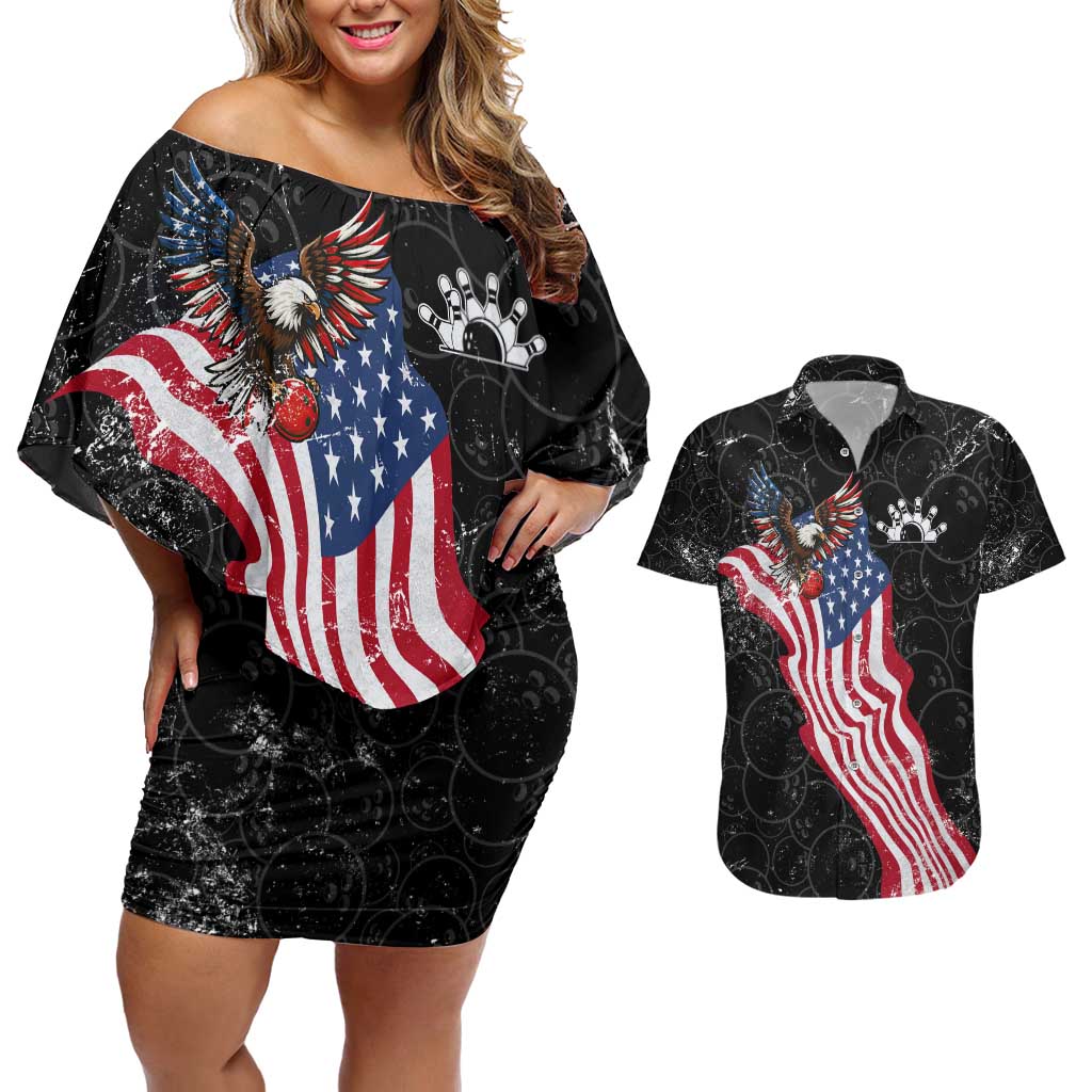 American Eagle Bowling Couples Matching Off Shoulder Short Dress and Hawaiian Shirt with Distressed Flag and Grunge Pattern in Red White and Blue - Wonder Print Shop