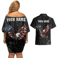 American Eagle Bowling Couples Matching Off Shoulder Short Dress and Hawaiian Shirt with Distressed Flag and Grunge Pattern in Red White and Blue - Wonder Print Shop