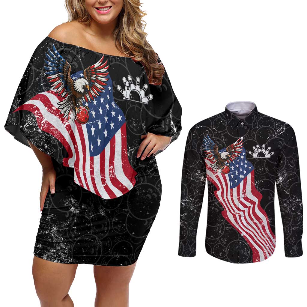 American Eagle Bowling Couples Matching Off Shoulder Short Dress and Long Sleeve Button Shirt with Distressed Flag and Grunge Pattern in Red White and Blue - Wonder Print Shop