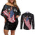 American Eagle Bowling Couples Matching Off Shoulder Short Dress and Long Sleeve Button Shirt with Distressed Flag and Grunge Pattern in Red White and Blue - Wonder Print Shop