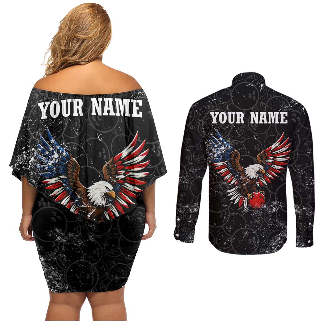 American Eagle Bowling Couples Matching Off Shoulder Short Dress and Long Sleeve Button Shirt with Distressed Flag and Grunge Pattern in Red White and Blue - Wonder Print Shop