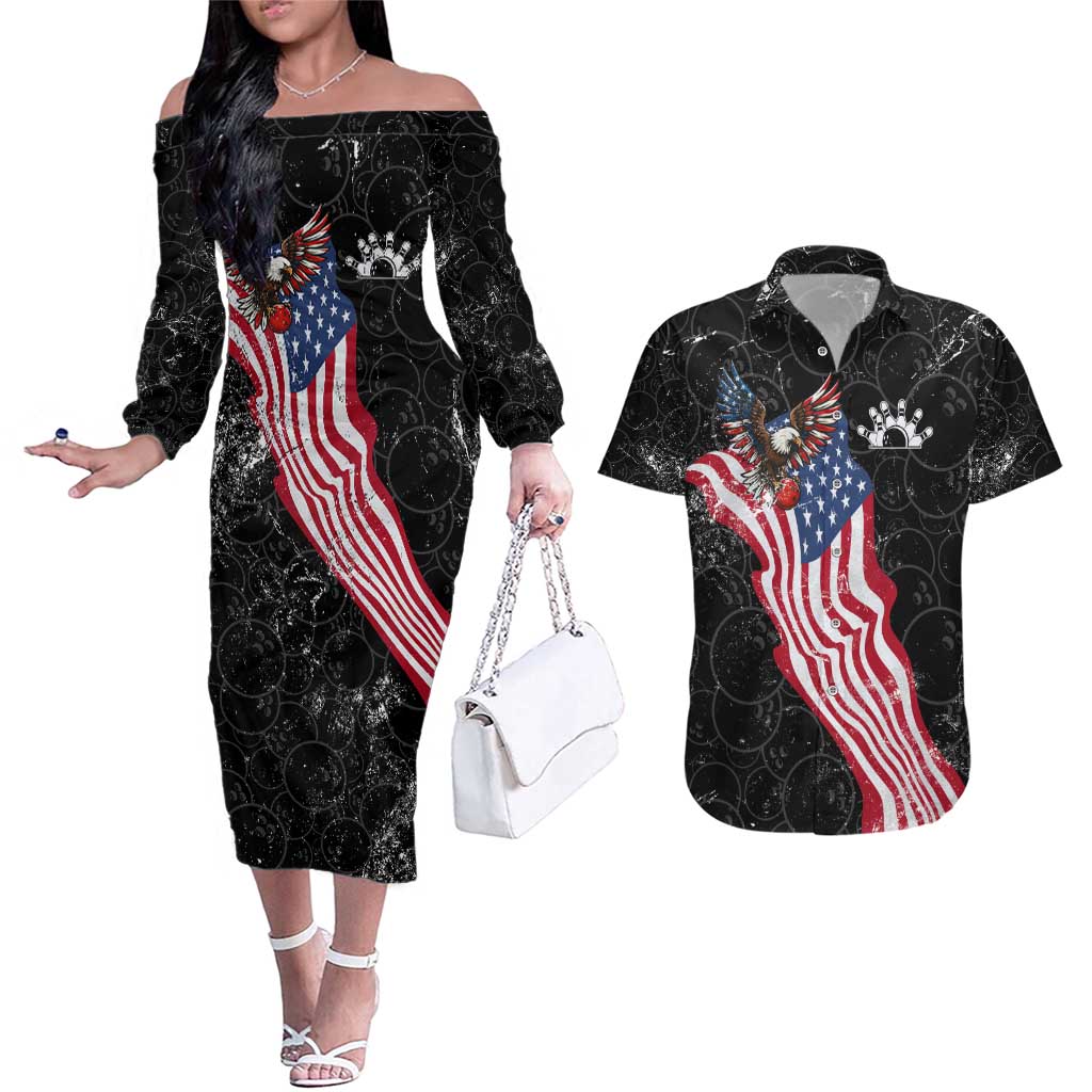 American Eagle Bowling Couples Matching Off The Shoulder Long Sleeve Dress and Hawaiian Shirt with Distressed Flag and Grunge Pattern in Red White and Blue - Wonder Print Shop