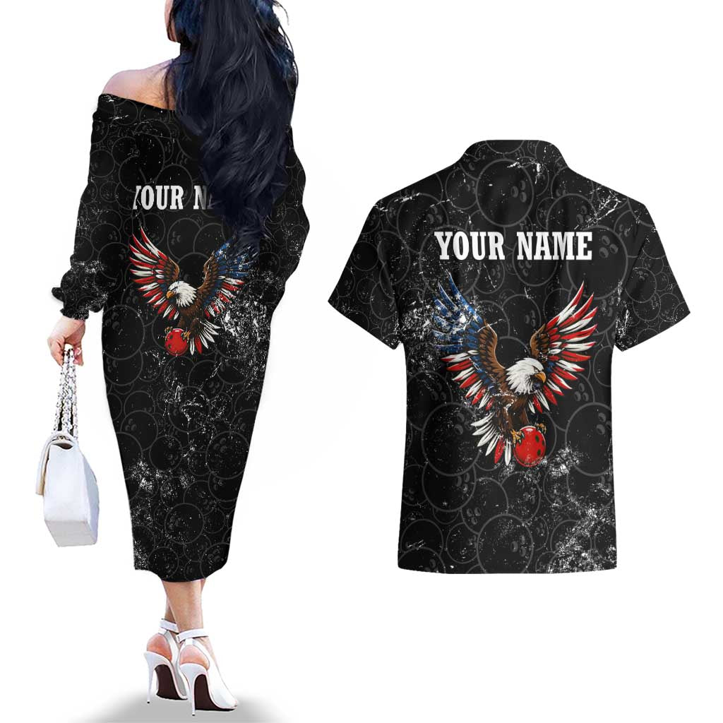 American Eagle Bowling Couples Matching Off The Shoulder Long Sleeve Dress and Hawaiian Shirt with Distressed Flag and Grunge Pattern in Red White and Blue - Wonder Print Shop