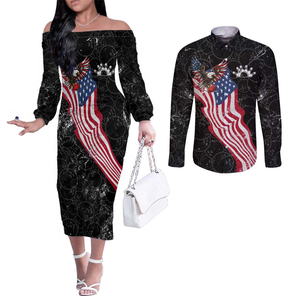 American Eagle Bowling Couples Matching Off The Shoulder Long Sleeve Dress and Long Sleeve Button Shirt with Distressed Flag and Grunge Pattern in Red White and Blue - Wonder Print Shop