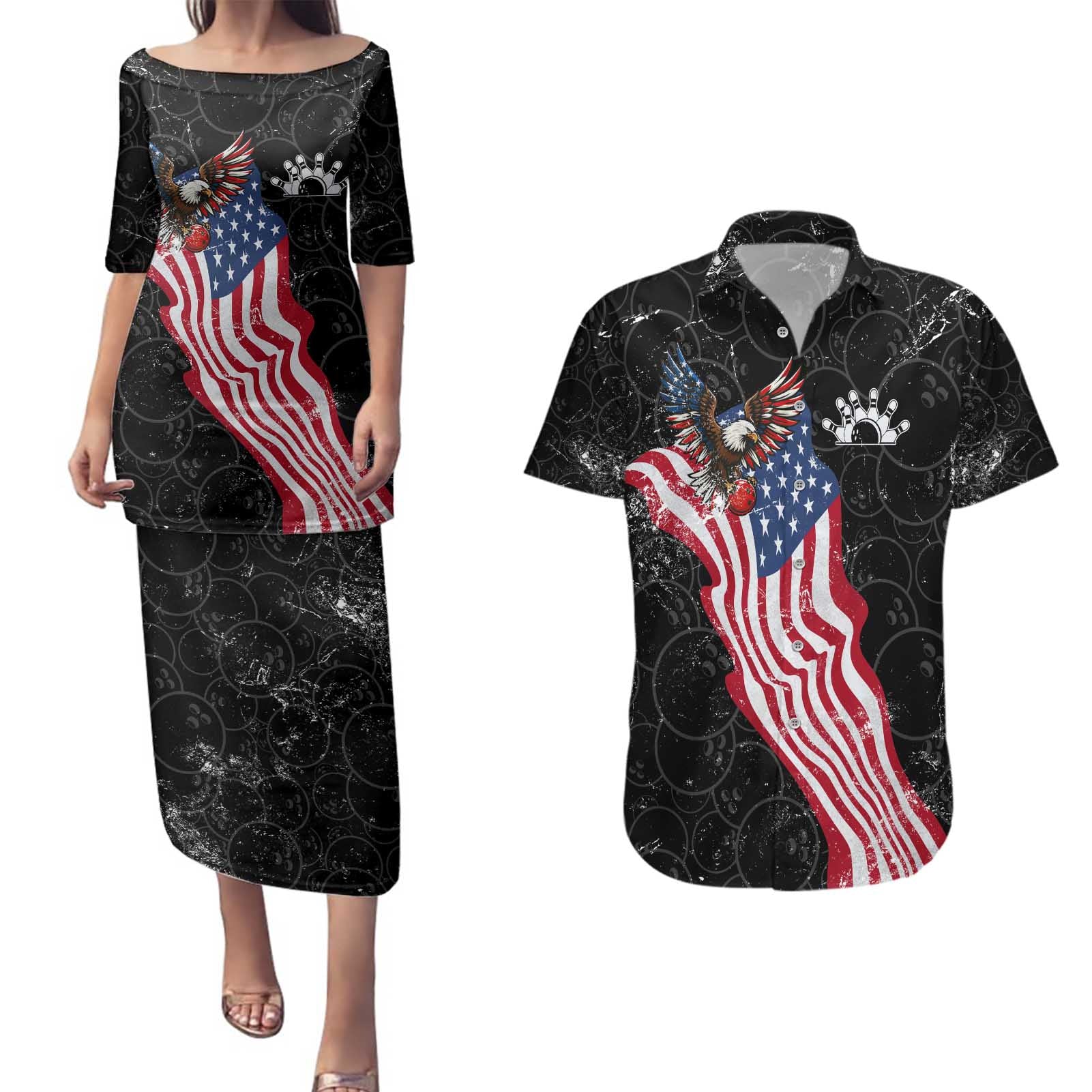 American Eagle Bowling Couples Matching Puletasi and Hawaiian Shirt with Distressed Flag and Grunge Pattern in Red White and Blue - Wonder Print Shop