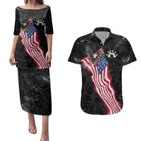 American Eagle Bowling Couples Matching Puletasi and Hawaiian Shirt with Distressed Flag and Grunge Pattern in Red White and Blue - Wonder Print Shop