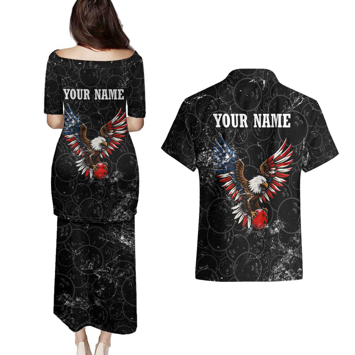American Eagle Bowling Couples Matching Puletasi and Hawaiian Shirt with Distressed Flag and Grunge Pattern in Red White and Blue - Wonder Print Shop