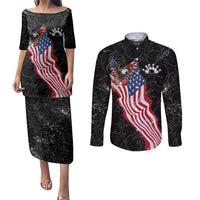 American Eagle Bowling Couples Matching Puletasi and Long Sleeve Button Shirt with Distressed Flag and Grunge Pattern in Red White and Blue - Wonder Print Shop