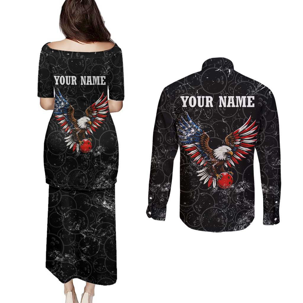 American Eagle Bowling Couples Matching Puletasi and Long Sleeve Button Shirt with Distressed Flag and Grunge Pattern in Red White and Blue - Wonder Print Shop