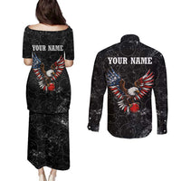 American Eagle Bowling Couples Matching Puletasi and Long Sleeve Button Shirt with Distressed Flag and Grunge Pattern in Red White and Blue - Wonder Print Shop