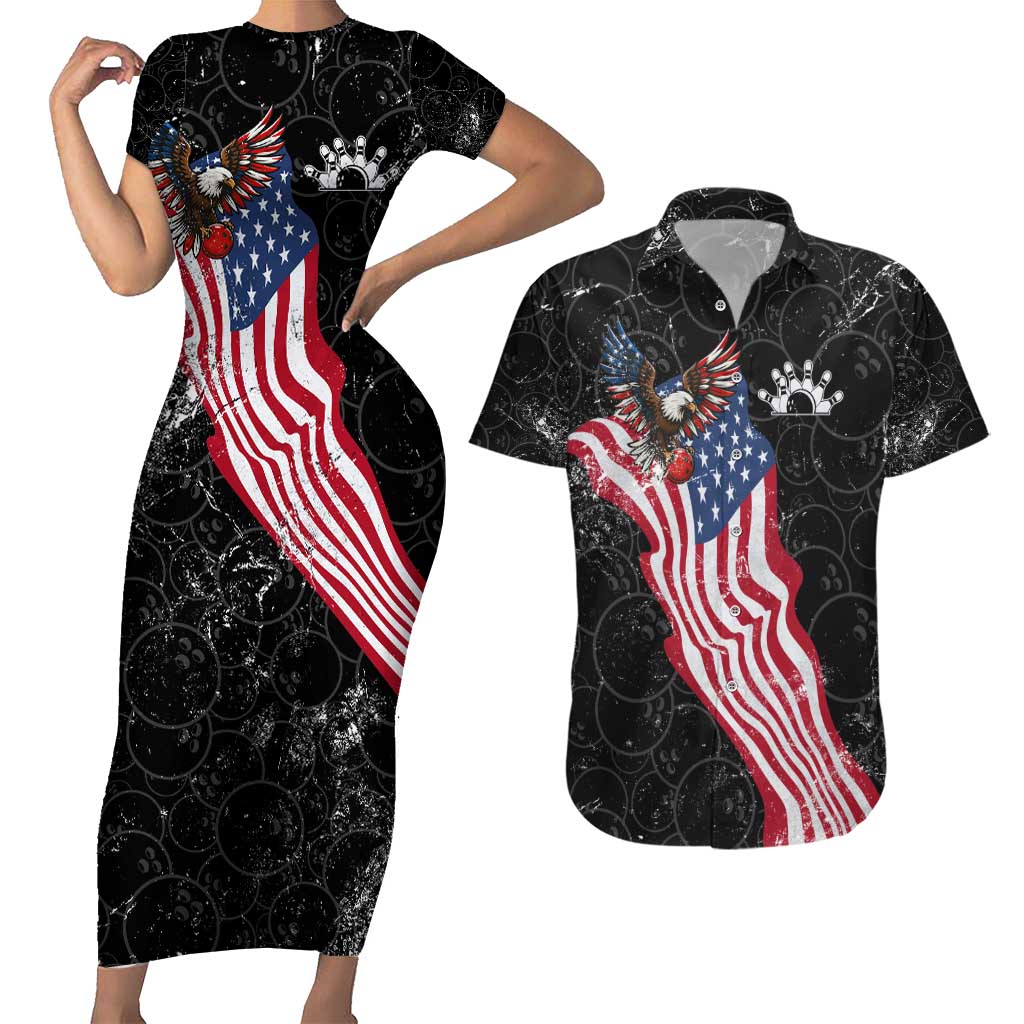American Eagle Bowling Couples Matching Short Sleeve Bodycon Dress and Hawaiian Shirt with Distressed Flag and Grunge Pattern in Red White and Blue - Wonder Print Shop