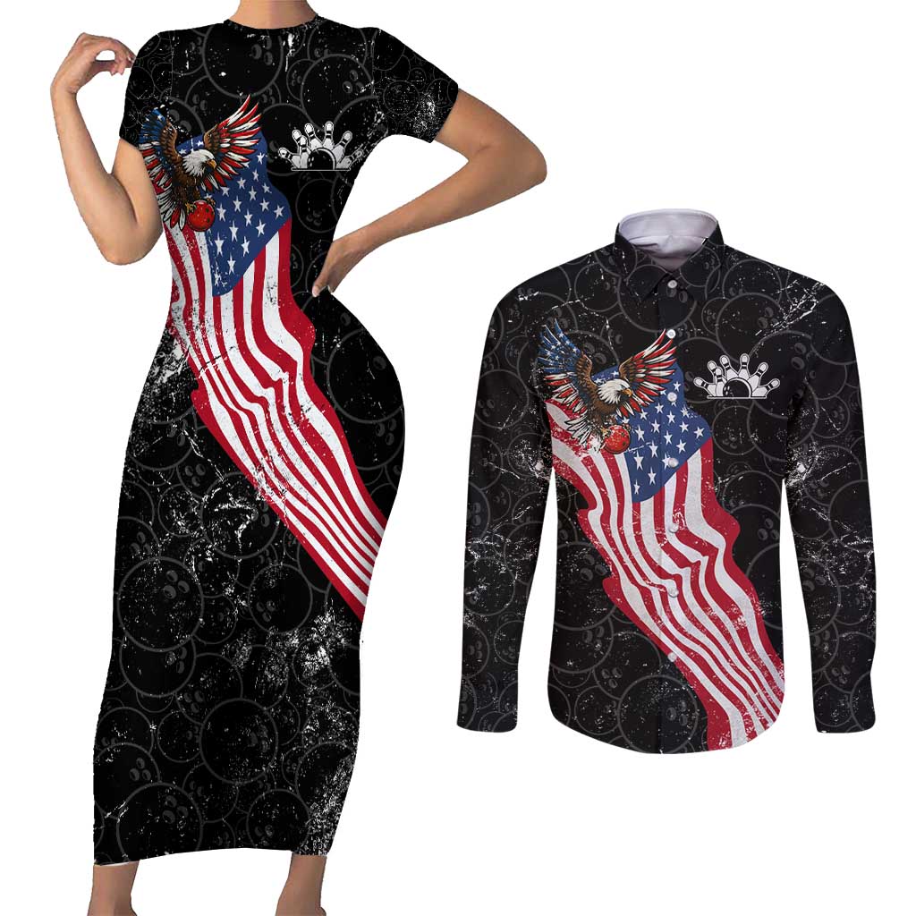 American Eagle Bowling Couples Matching Short Sleeve Bodycon Dress and Long Sleeve Button Shirt with Distressed Flag and Grunge Pattern in Red White and Blue - Wonder Print Shop